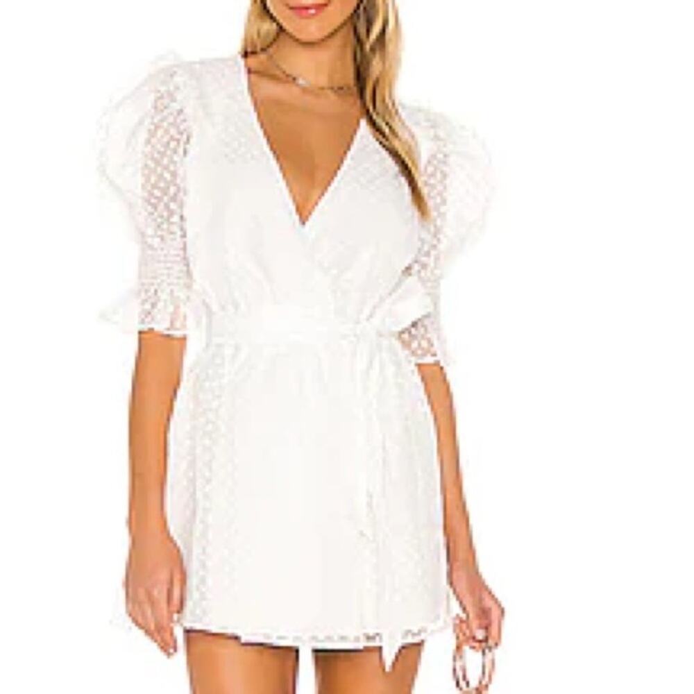 Camila Coelho Zandra Jacquard Dot Wrap Mini Dress White Organza NWT Sz XS